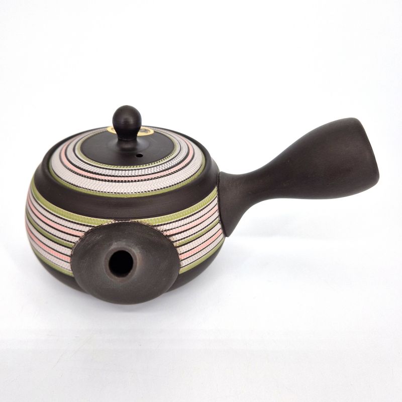 Théière kyusu japonaise tokoname marron motifs lignes rouge et verte,SUTORAIPO, 340 cc