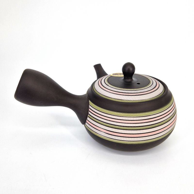 Théière kyusu japonaise tokoname marron motifs lignes rouge et verte,SUTORAIPO, 340 cc