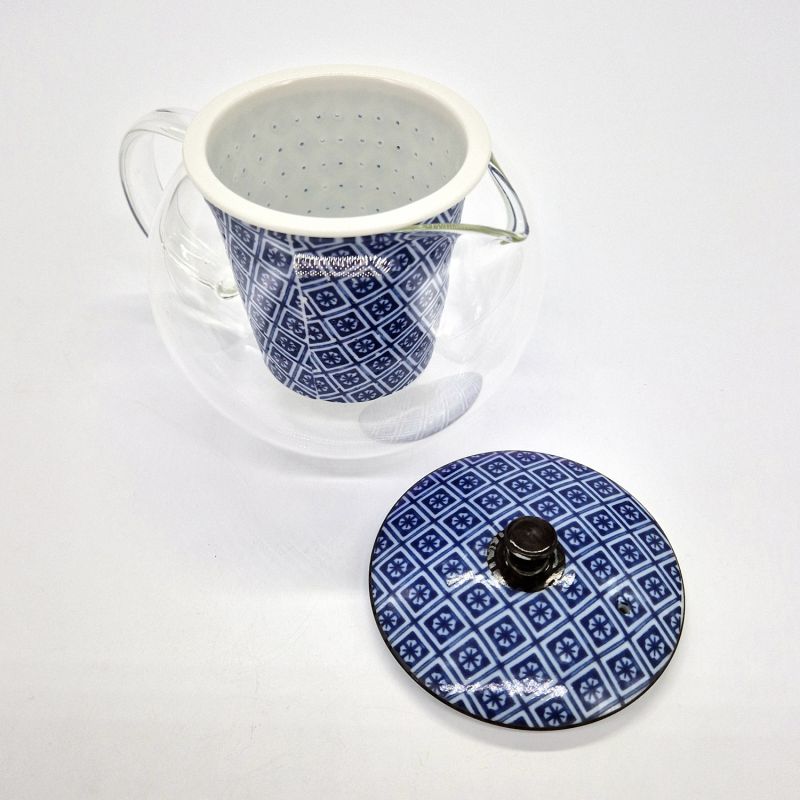 Théière japonaise en céramique et verre blanche et bleue, GARASU, 500cc