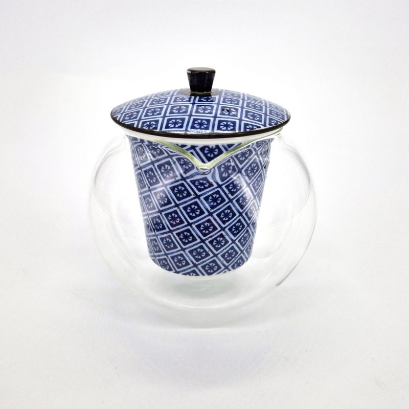 Théière japonaise en céramique et verre blanche et bleue, GARASU, 500cc