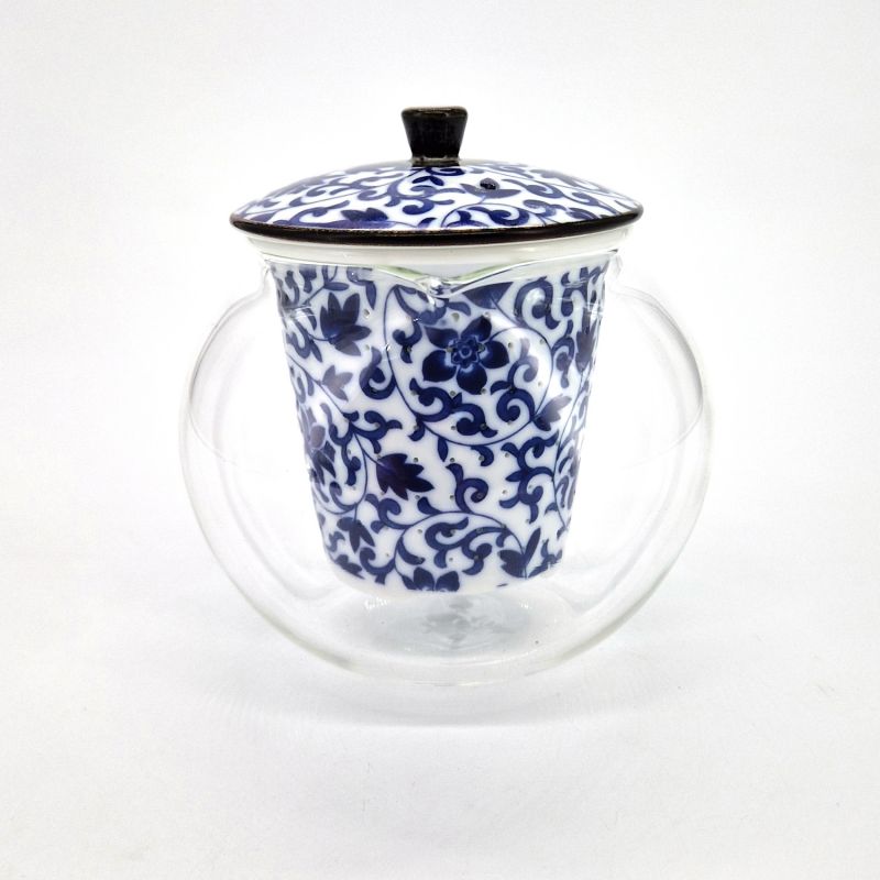 Japanese white and blue ceramic and glass teapot, GARASU, 500cc