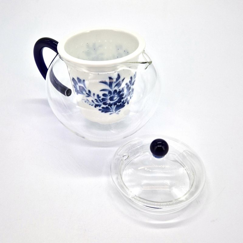 Théière japonaise en céramique et verre blanche et bleue fleur, HANA, 500cc