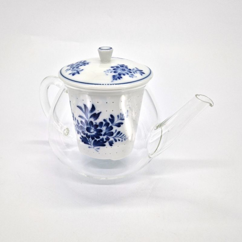 Japanese ceramic and glass teapot with white and blue flowers, GARASU, 480cc