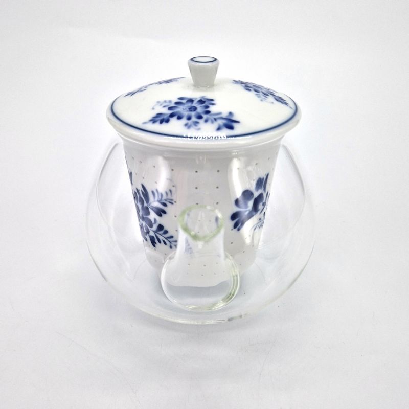 Théière japonaise en céramique et verre blanche et bleue fleurs, GARASU, 480cc