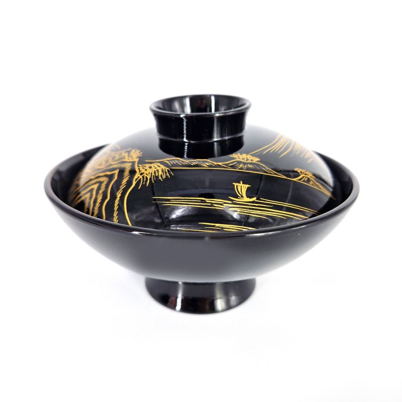 Lacquered miso soup bowl with gold patterned lid, GORUDEN, black and gold