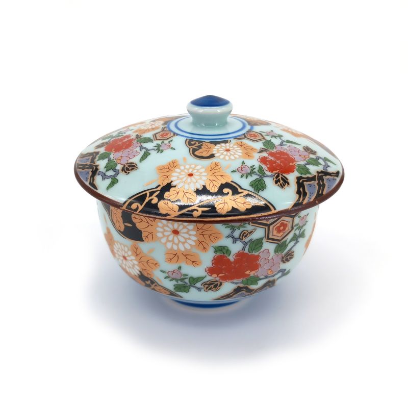 Bol à thé japonais Chawanmushi en céramique avec couvercle, motif floral - BOTAN