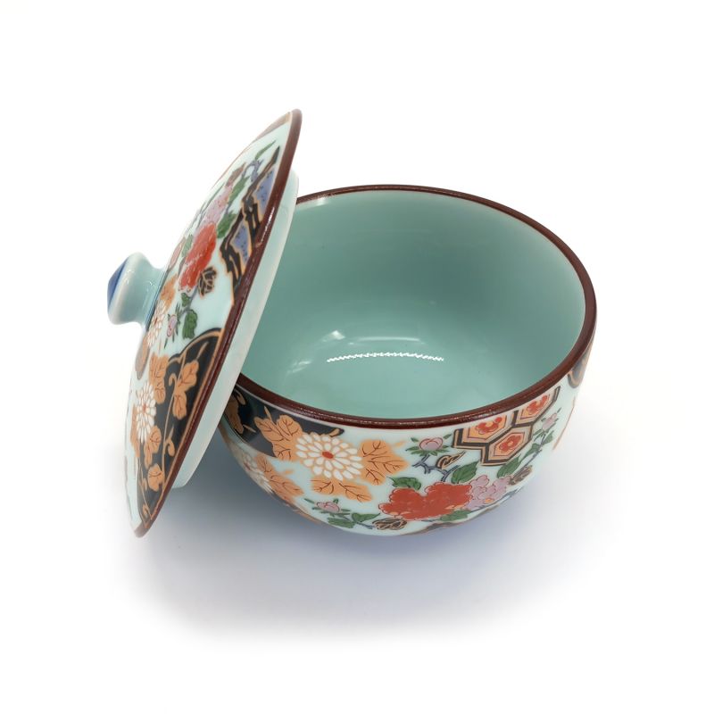Bol à thé japonais Chawanmushi en céramique avec couvercle, motif floral - BOTAN
