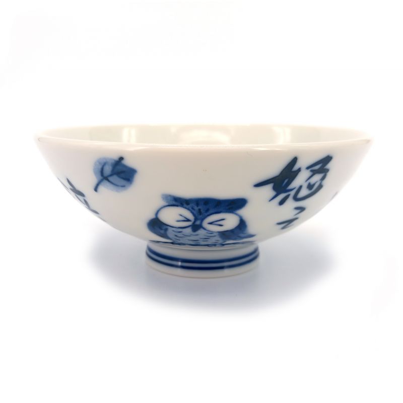 Japanische blau-weiße Keramik-Reisschale, FUKURO, Eule