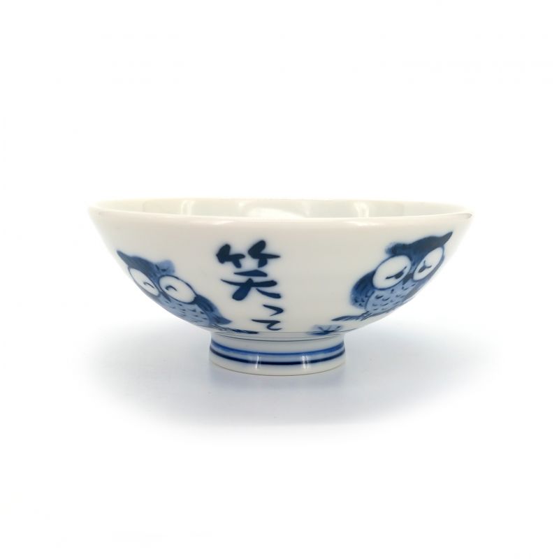 Ciotola di riso giapponese in ceramica blu e bianca, FUKURO, gufo
