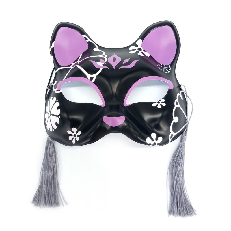 Mezza maschera da gatto giapponese nera e viola con motivo floreale, NEKOHANA