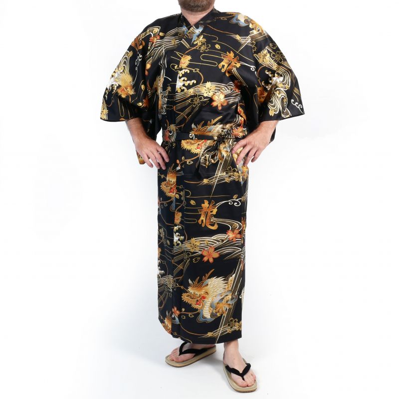 Yukata japonais noir avec dragon doré en coton pour homme - DORAGON