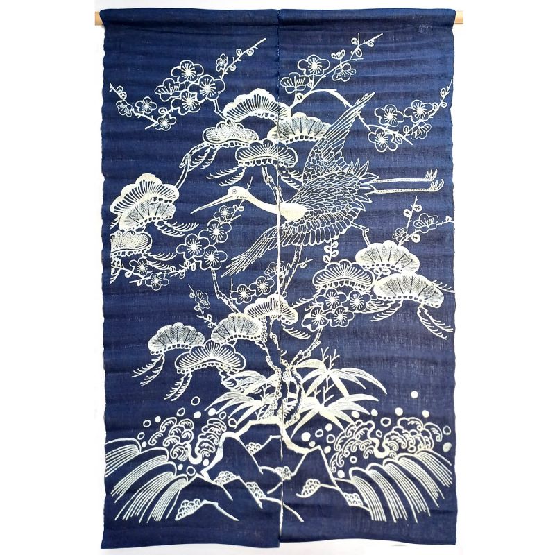 rideau noren japonais artisanal, bleu indigo, 100% Ramie, MATSU TSURU