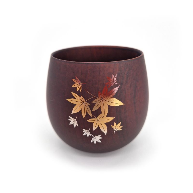 Tazza da tè giapponese in legno natsume scuro con motivo a foglie d'acero, MOMIJI 1