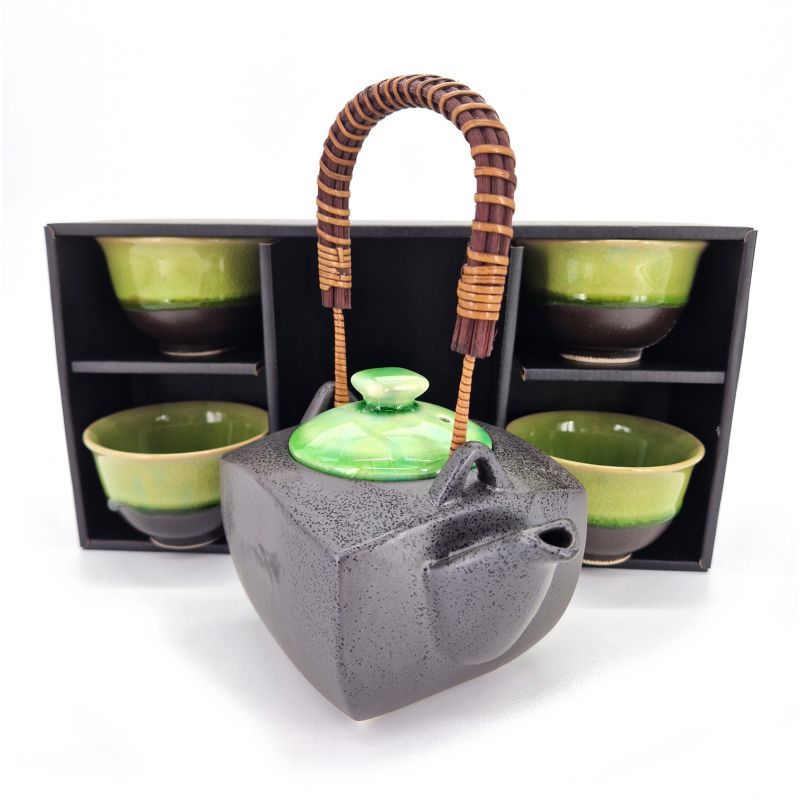 Black and green ceramic teapot and 4 cups set - MIDORI