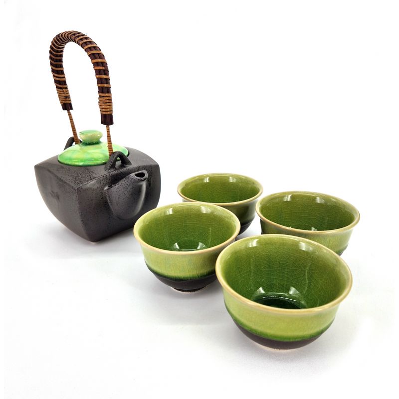 Black and green ceramic teapot and 4 cups set - MIDORI