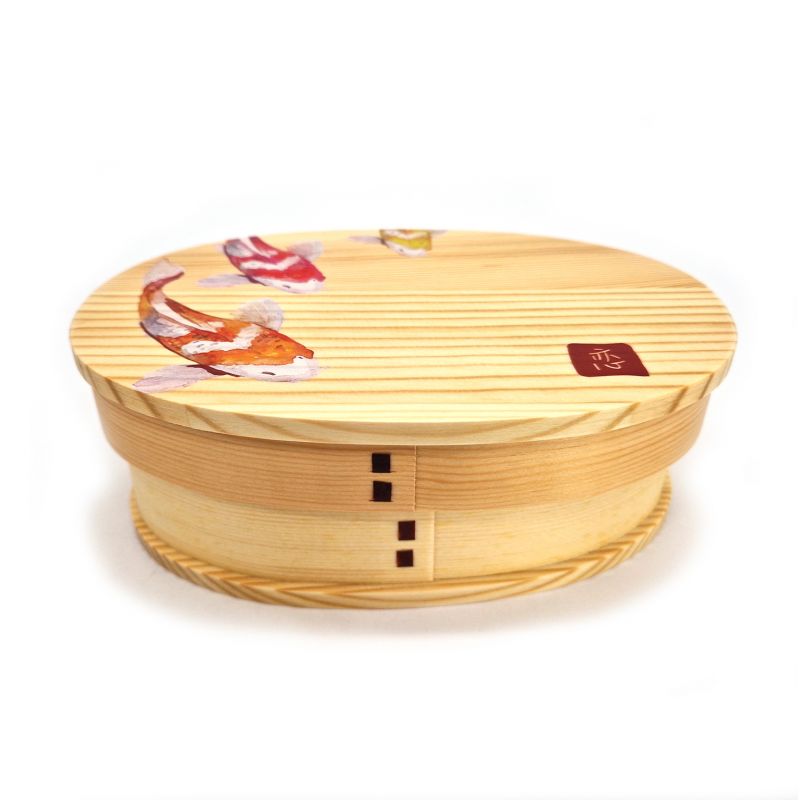 Japanische ovale Bento-Brotdose aus Holz mit Fischmuster, NISHIKI 1