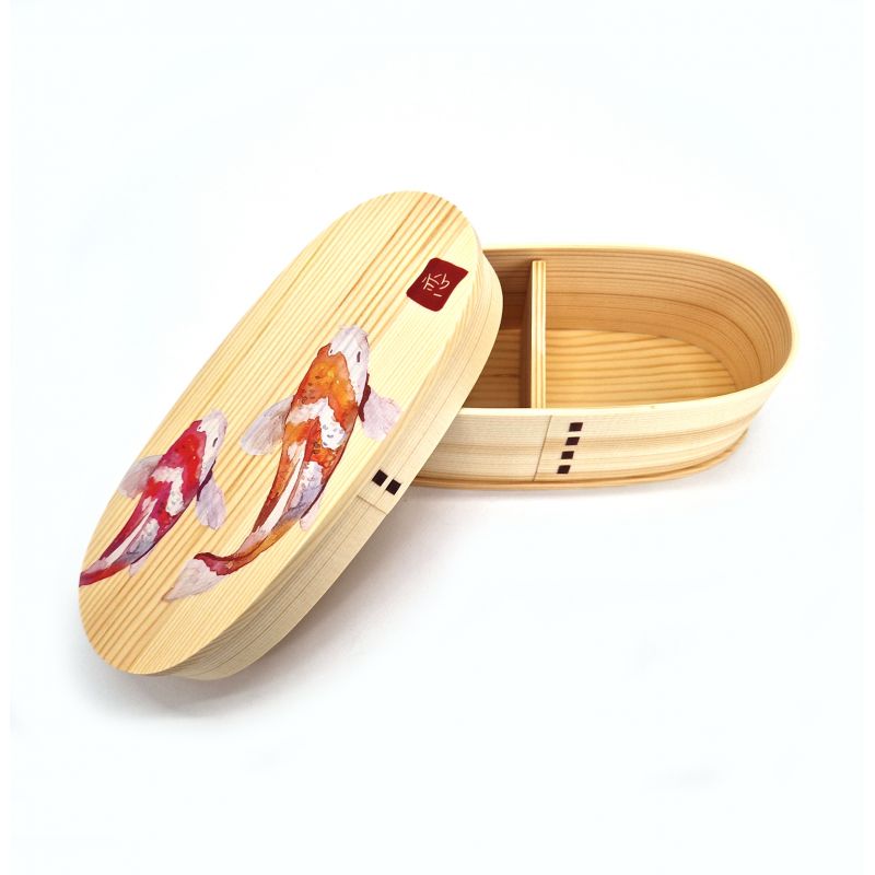 Japanische ovale Bento-Brotdose aus Holz mit Fischmuster, NISHIKI 2