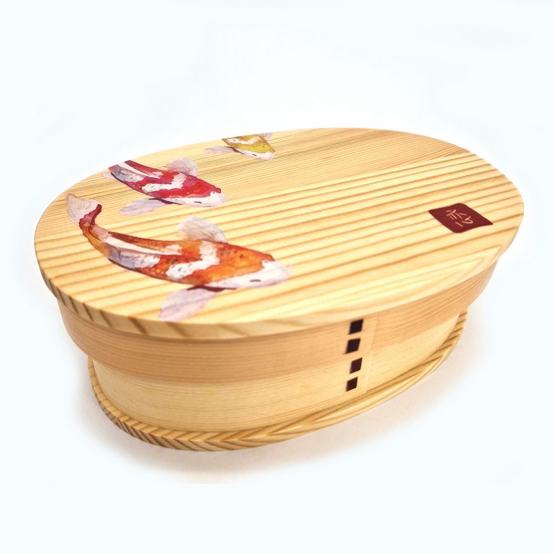 Japanische ovale Bento-Brotdose aus Holz mit 4 Fischmuster-Trennwänden, NISHIKI