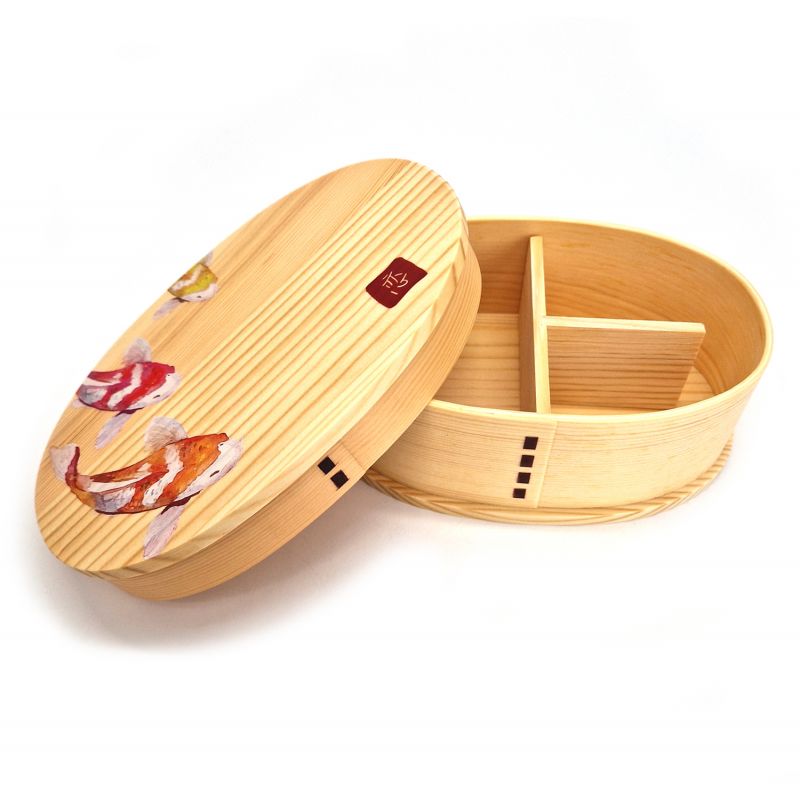 Japanische ovale Bento-Brotdose aus Holz mit 4 Fischmuster-Trennwänden, NISHIKI