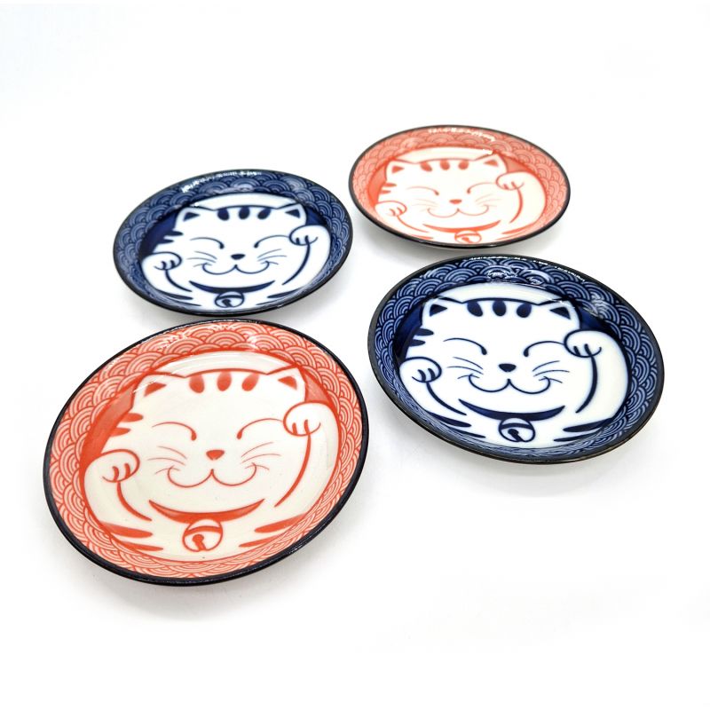 Set of 4 small blue and pink ceramic plates with Cat pattern - NEKO