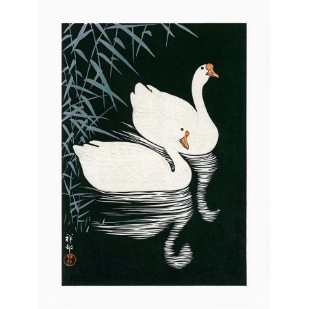 Japanese print, two geese swimming in the night, OHARA KOSON