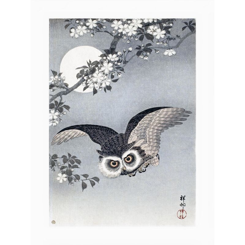 Estampe japonaise, Fleurs de cerisier et Hibou,OHARA KOSON