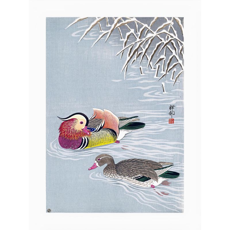 Japanischer Druck, Zwei Mandarinenenten und Schnee, OHARA KOSON