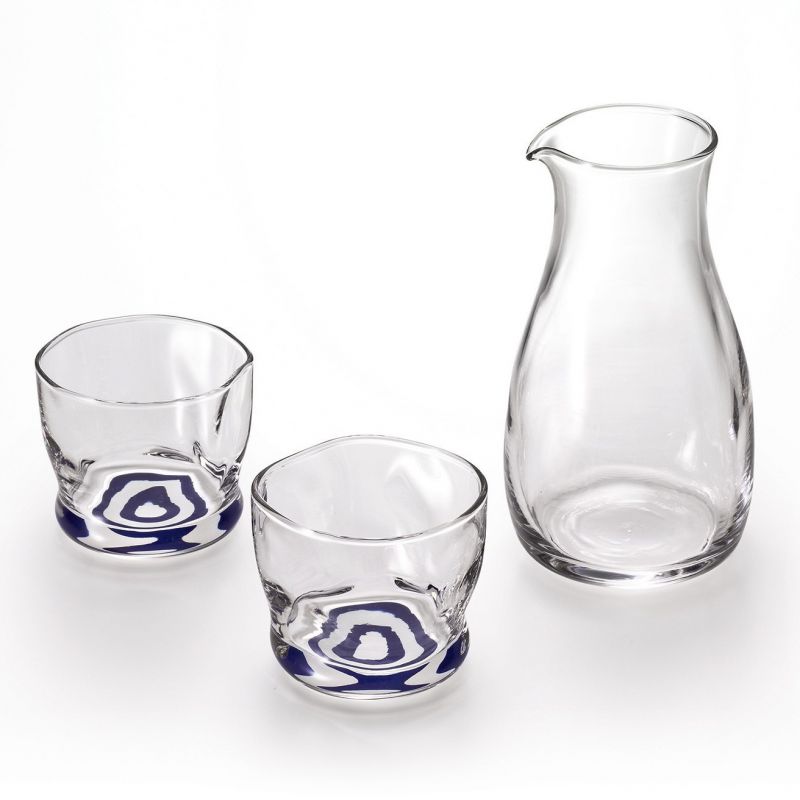 Japanischer Glassake-Service, 1 Flasche und 2 Gläser, MOKUHYO
