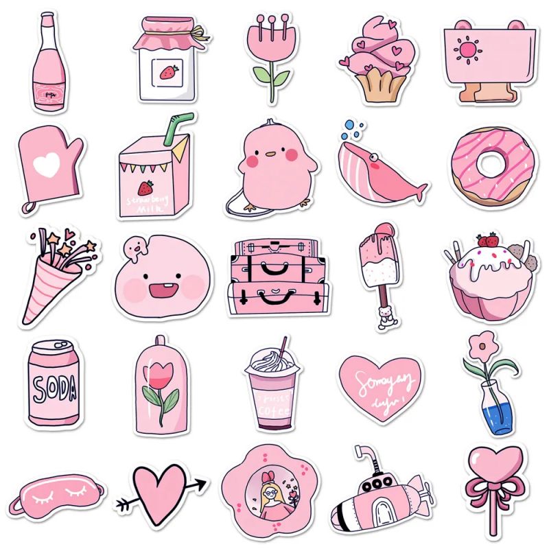 Lot de 50 autocollants japonais,Stickers Kawaii rose-PINKU