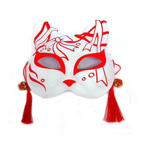 Japanese white cat half mask, red bow