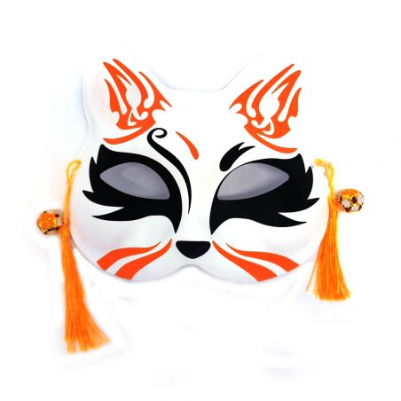 Japanische Halbmaske mit weißer Katze, orangefarbenes Muster, Orenji-iro no patān