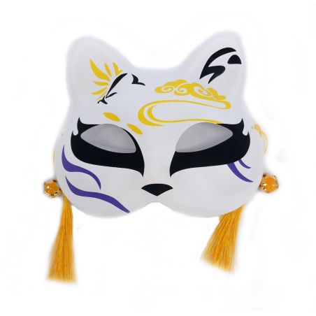 Demi-masque japonais chat blanc, motif nuage jaune, Kiiroi kumo 