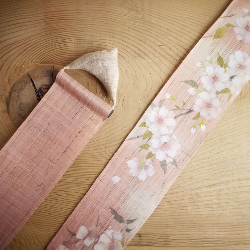 Fine tapisserie japonaise en chanvre peinte à la main, YAEZAKURA, Fleur de Cerisier Doubles