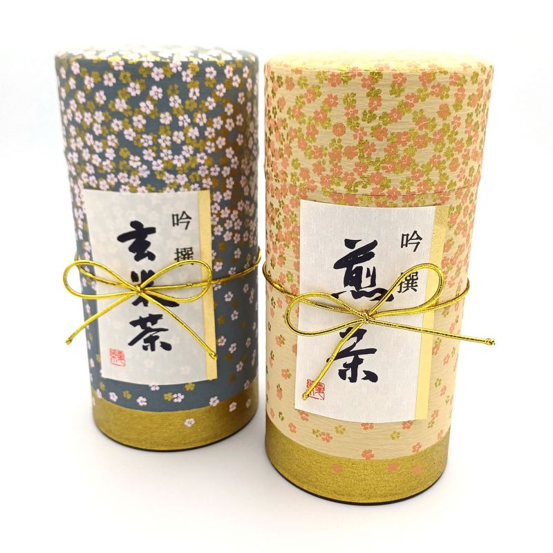 Duo of blue and green Japanese tea canisters covered with washi paper, HANAZONO, 200 g