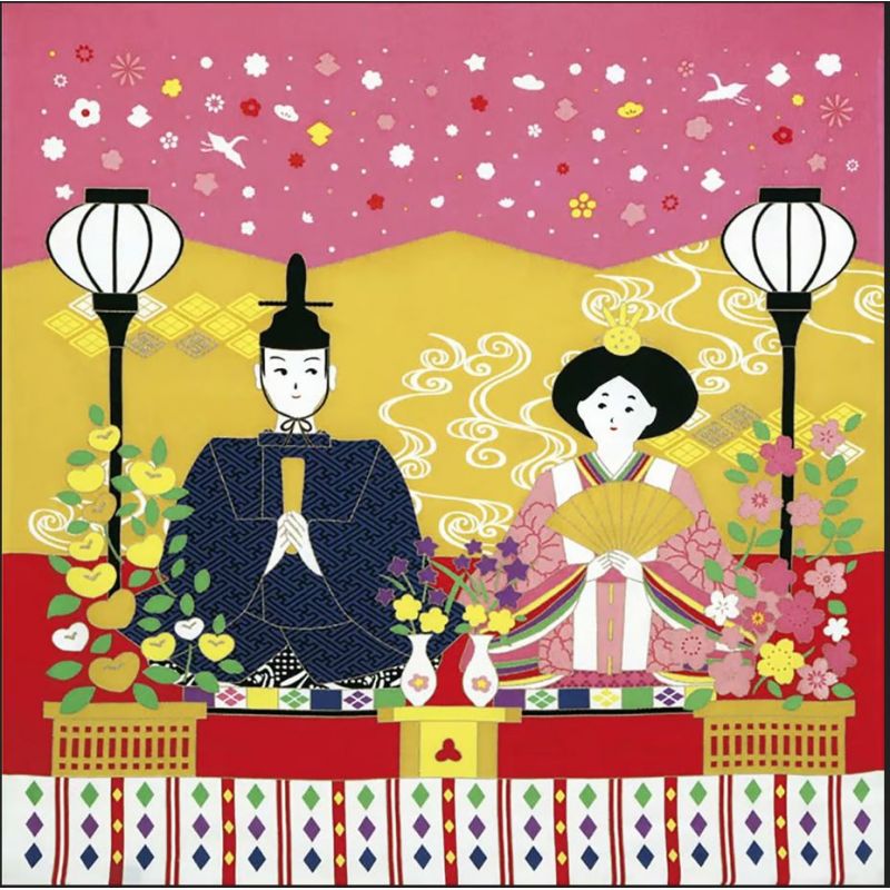 Furoshiki japonais en rayonne, HINAMATSURI, rose, 68 x 68 cm