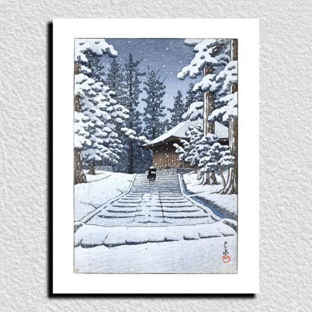 Reproduction d'estampe de Kawase Hasui, Konjikido dans la neige, Hiraizumi, Hiraizumi Konjikido Konjiki