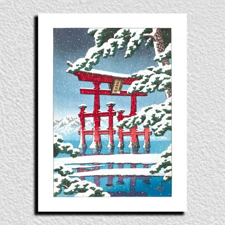 Reproduction d'estampe de Kawase Hasui, Miyajima dans la neige, Yuki no Miyajima