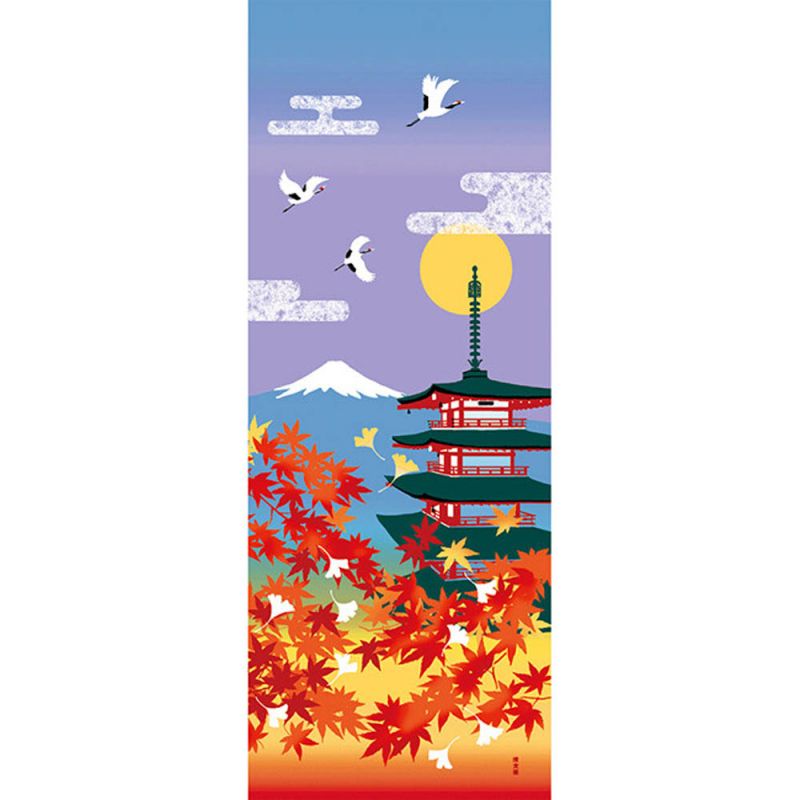 Toalla de mano de algodón, TENUGUI, Hojas de otoño, Pagoda de cinco pisos, Monte Fuji, AKI