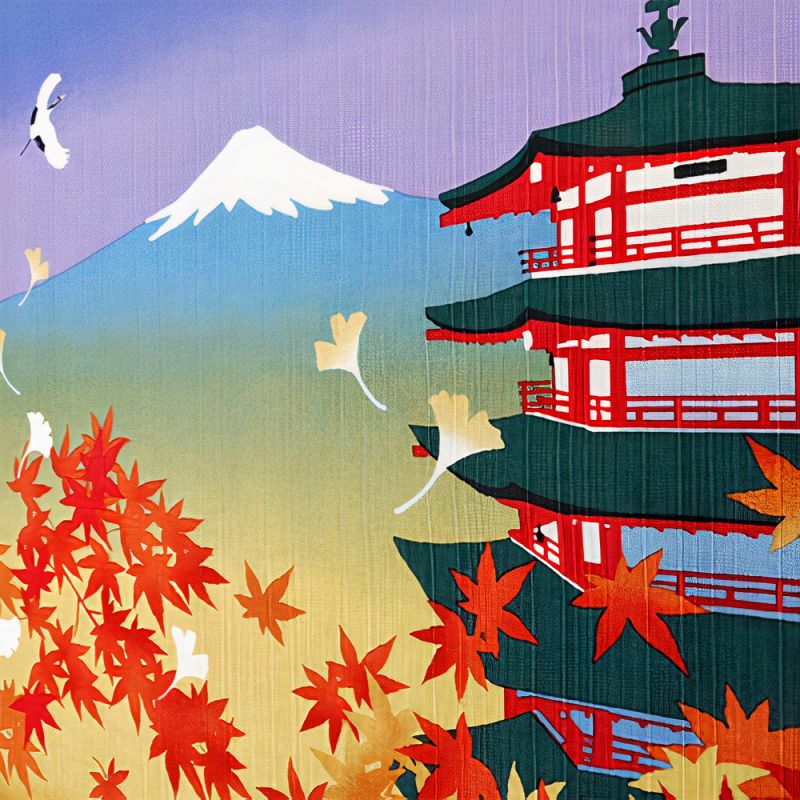 Japanese Furoshiki for wrapping Bento, Autumn leaves Five-story pagoda Mount Fuji