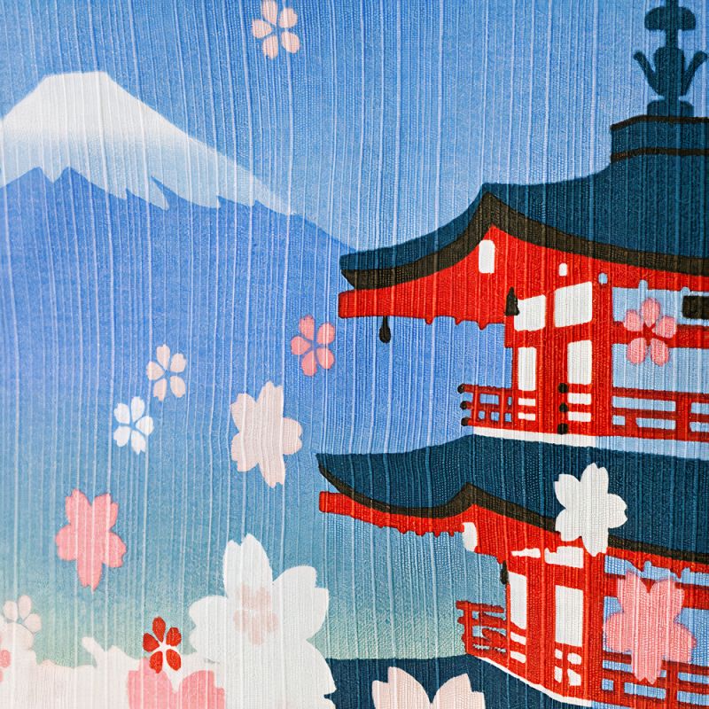 Japanese furoshiki for wrapping Bento, Cherry blossoms, five-story pagoda, Mount Fuji