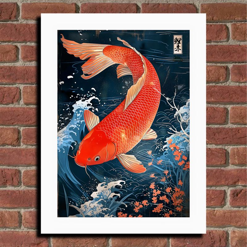Ilustración japonesa "Koï" La carpa saltando el río, de ダヴィッド