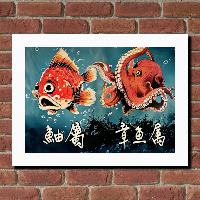 Ilustración japonesa "Tako to kasago", pulpo y pez escorpión, de ダヴィッド