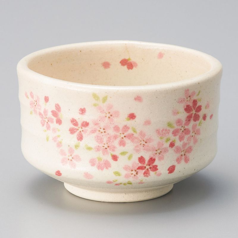 Ciotola giapponese per cerimonia del tè - chawan, beige, fiori rosa, SAKURA