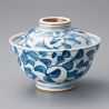 Japanese ceramic bowl with lid, TAKO KARAKUSHA, blue and white