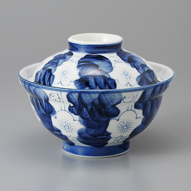 Bol japonais bleu en céramique avec couvercle, UME, fleurs