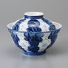 Bol japonais bleu en céramique avec couvercle, UME, fleurs