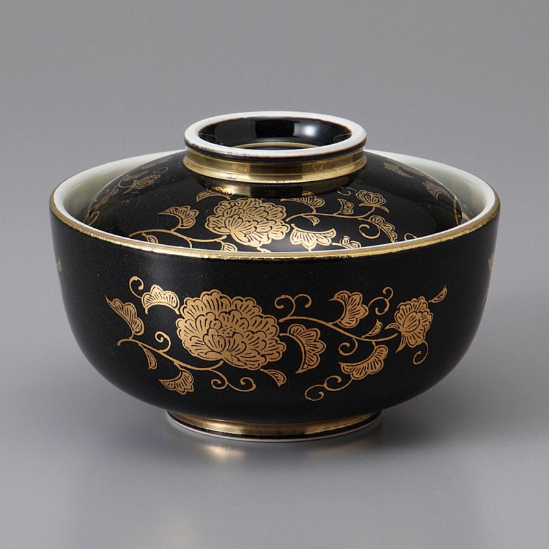 Japanese ceramic bowl with lid, KURO KIN KARAKUSA, black and gold