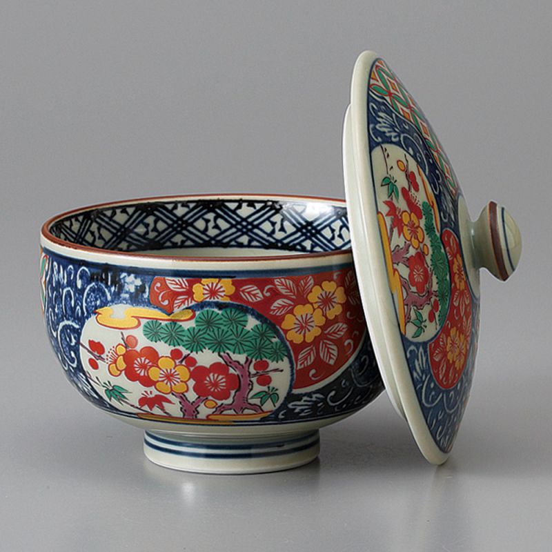Bol à thé japonais Chawanmushi avec couvercle, motif floral, KOIMARI