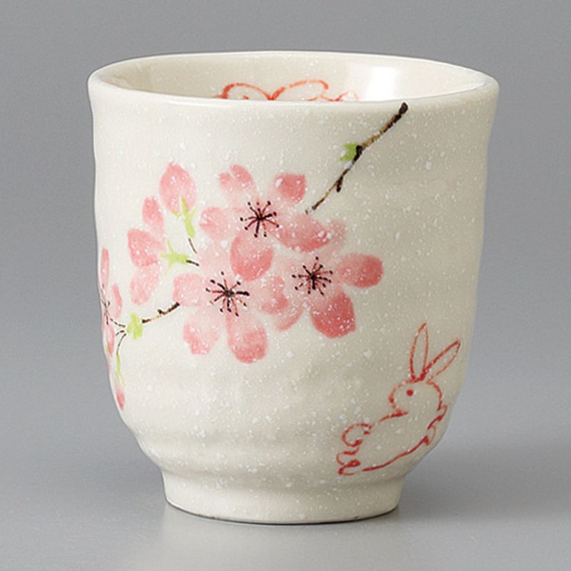 Taza de té de cerámica japonesa, blanco y flores de cerezo - SAKURA USAGI