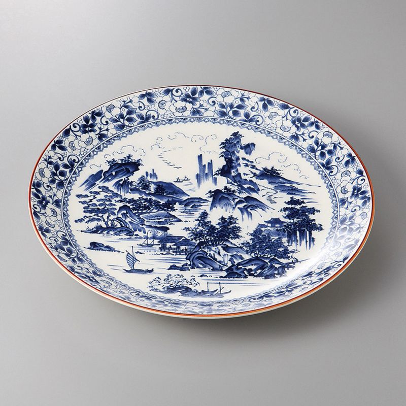 Japanese white large-sized plate with blue old japanese landscape picture in ceramic SHIN SANSUI